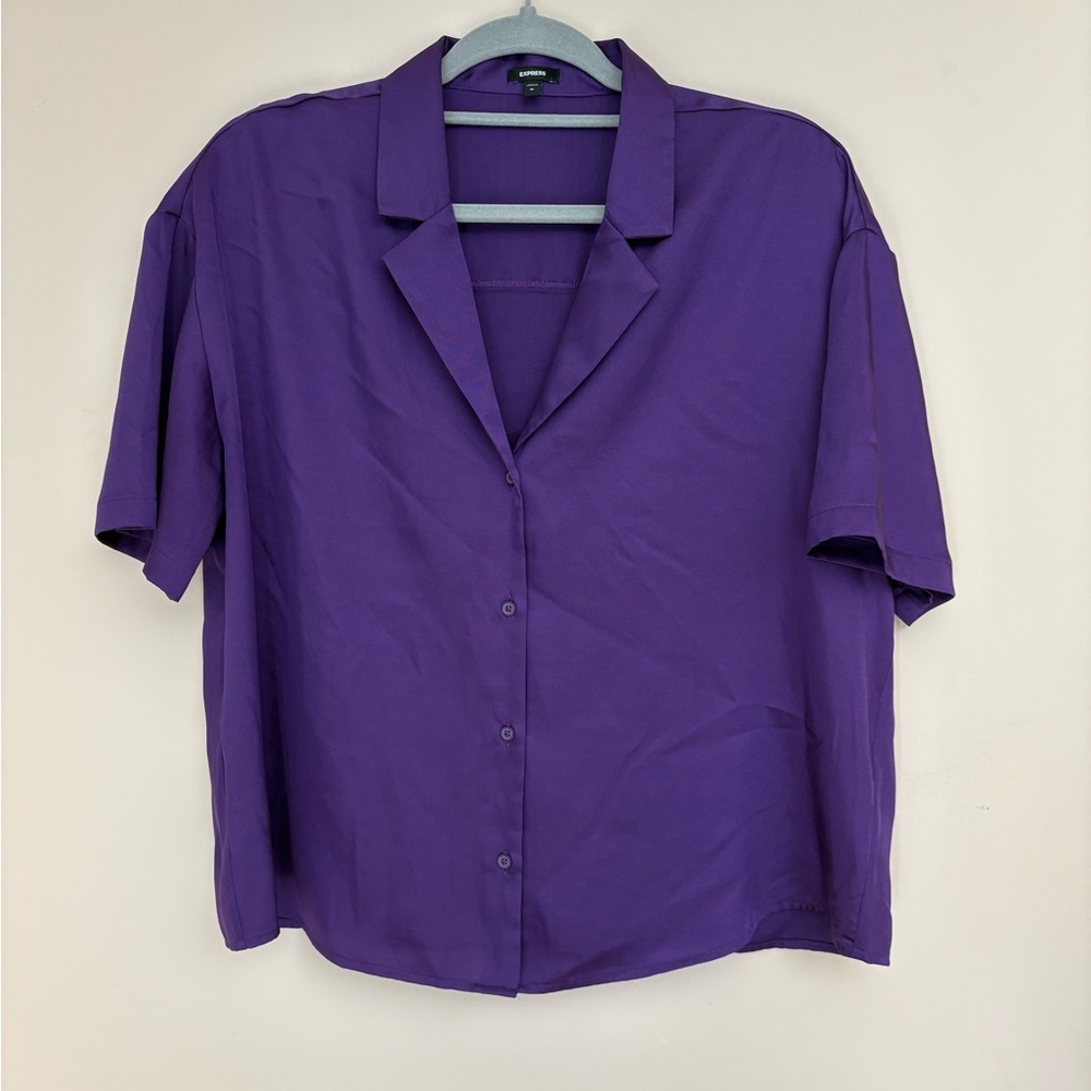 Women’s Purple Satin V-Neck Button Down Shirt from Express